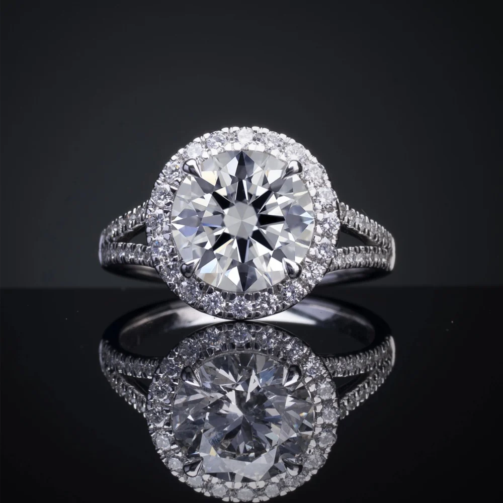 Platinum Split Shank Halo Ring with 1.51 Carat Round Lab Diamond Center and 0.46 Carat Accent Diamonds - 1.97 Carat Total Weight - Covaloro Fine Jewelry