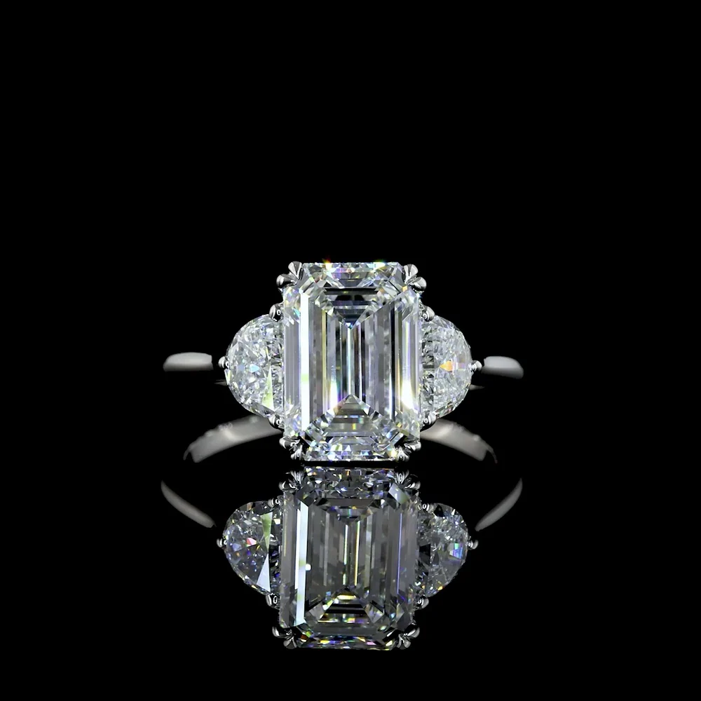 Platinum Three Stone Ring with 3.04 Carat Emerald Cut Lab Diamond and Half Moon Side Stones - 3.63 Total Carat Weight - Covaloro Fine Jewelry