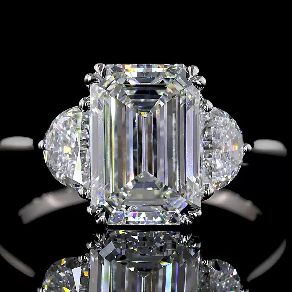 Platinum Three Stone Ring with 3.04 Carat Emerald Cut Lab Diamond and Half Moon Side Stones - 3.63 Total Carat Weight - Covaloro Fine Jewelry - Image 2