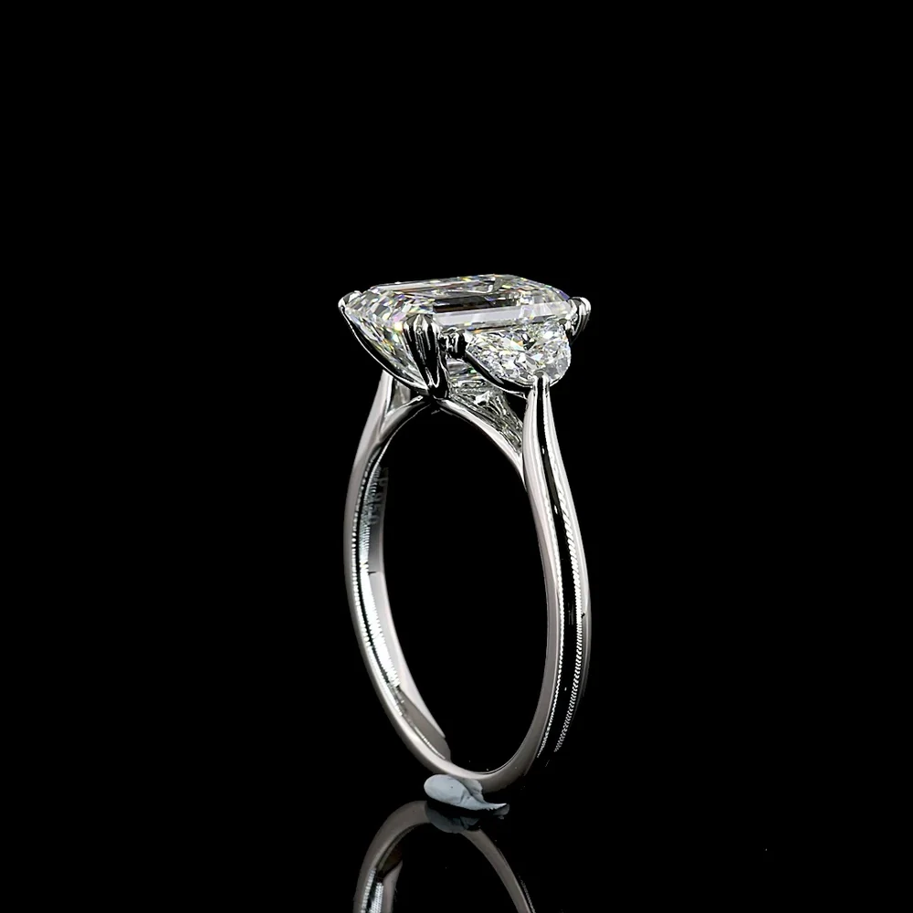 Platinum Three Stone Ring with 3.04 Carat Emerald Cut Lab Diamond and Half Moon Side Stones - 3.63 Total Carat Weight - Covaloro Fine Jewelry - Image 3