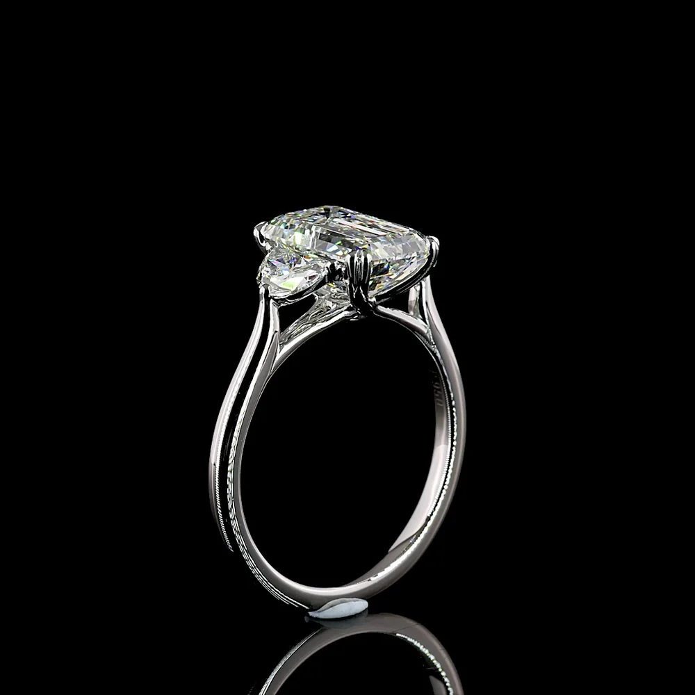 Platinum Three Stone Ring with 3.04 Carat Emerald Cut Lab Diamond and Half Moon Side Stones - 3.63 Total Carat Weight - Covaloro Fine Jewelry - Image 4