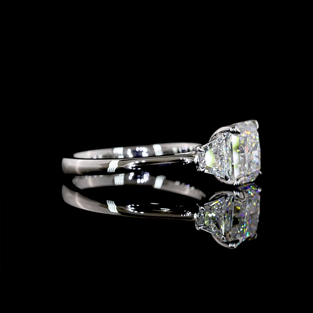 Platinum Three-Stone Ring with 3.07 Carat Square Radiant Lab Diamond and 0.67 Carat Trapezoid Side Stones - 3.74 Carat Total Diamond Weight - Covaloro Fine Jewelry - Image 2