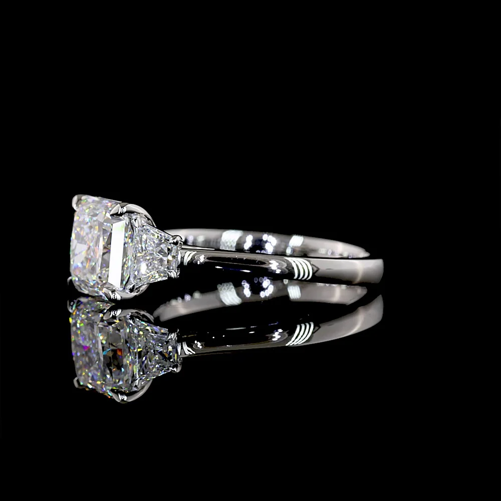 Platinum Three-Stone Ring with 3.07 Carat Square Radiant Lab Diamond and 0.67 Carat Trapezoid Side Stones - 3.74 Carat Total Diamond Weight - Covaloro Fine Jewelry - Image 3