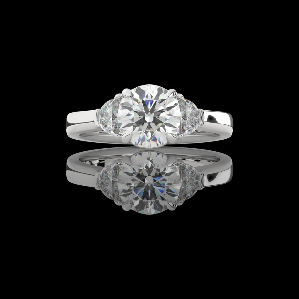 Platinum Three Stone Ring with 3.14 Carat Round Brilliant Lab Diamond and Half-Moon Side Stones - 3.86 Carat Total Weight - Covaloro Fine Jewelry