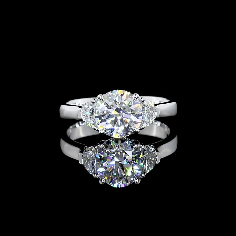 Platinum Three-Stone Ring with 4.06 Carat Round Brilliant Lab Diamond and 0.73 Carat Half-Moon Side Diamonds - 4.79 Total Carat Weight - Covaloro Fine Jewelry