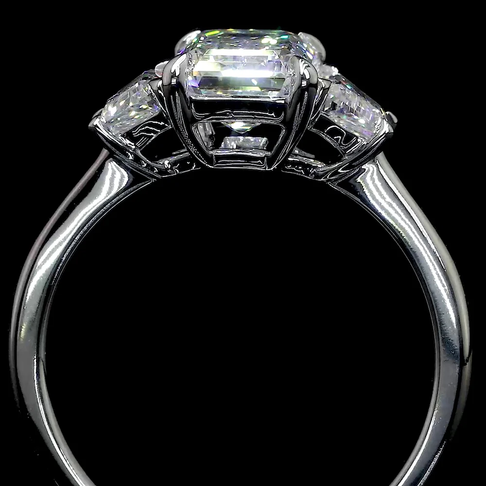 Platinum Three-Stone Ring with Emerald Cut Lab Diamond (1.01 Carat, E-VS2) and Trapezoid Side Diamonds (0.36 Carats Total) - 1.37 Total Carat Weight - Covaloro Fine Jewelry - Image 3