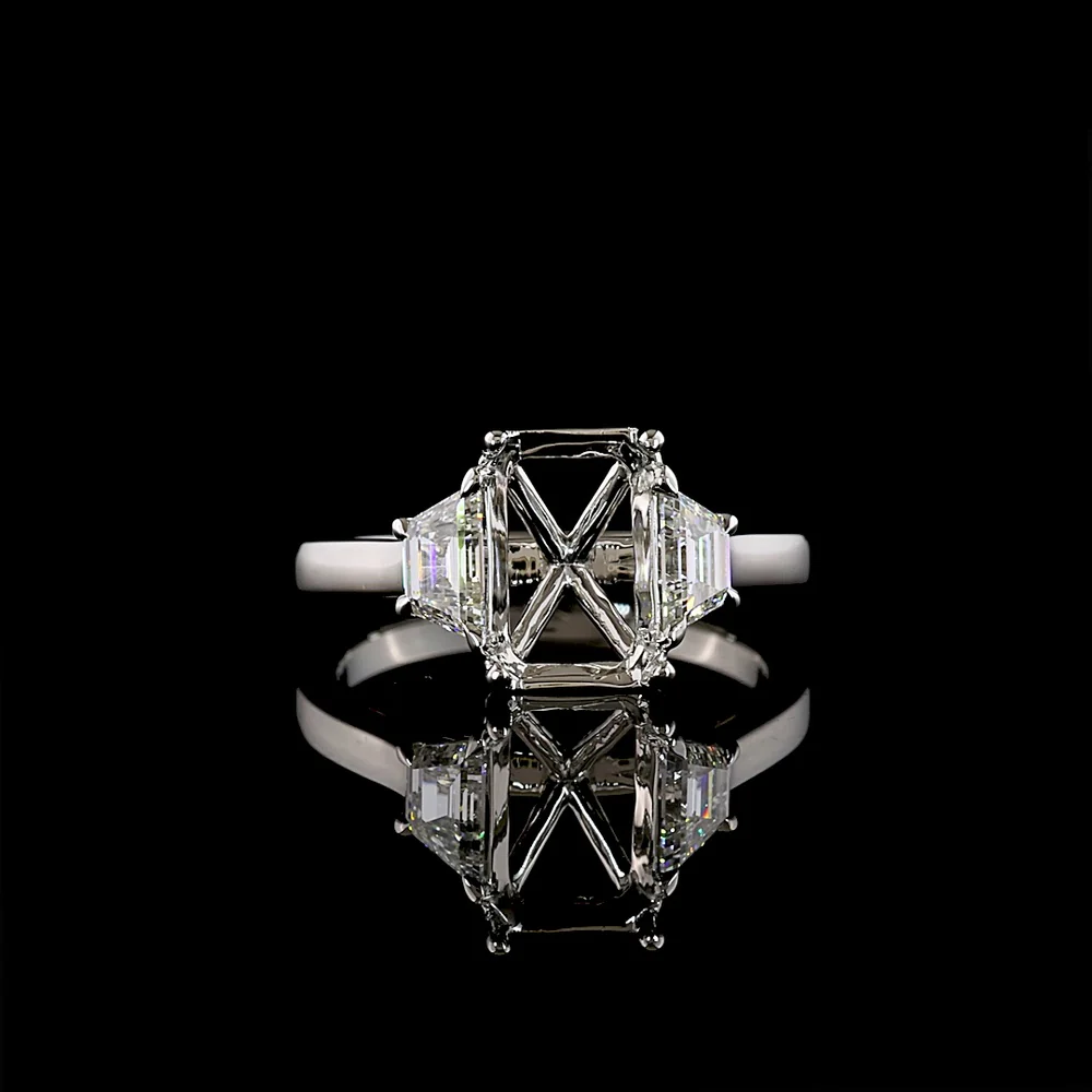 Platinum Three Stone Ring with Trapezoid Cut Lab Grown Diamonds - 0.64 Carat Total Weight, E-F VS1 Clarity - Covaloro Fine Jewelry