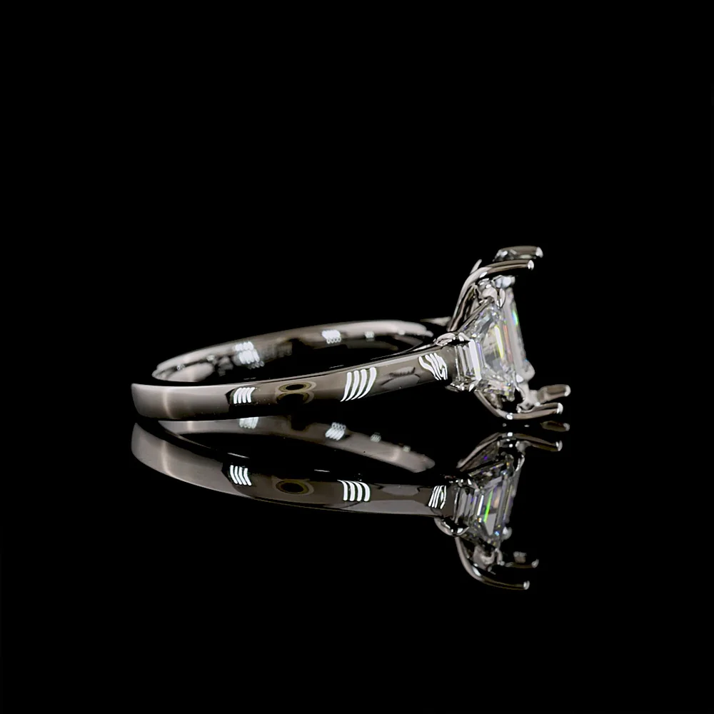 Platinum Three Stone Ring with Trapezoid Cut Lab Grown Diamonds - 0.64 Carat Total Weight, E-F VS1 Clarity - Covaloro Fine Jewelry - Image 2