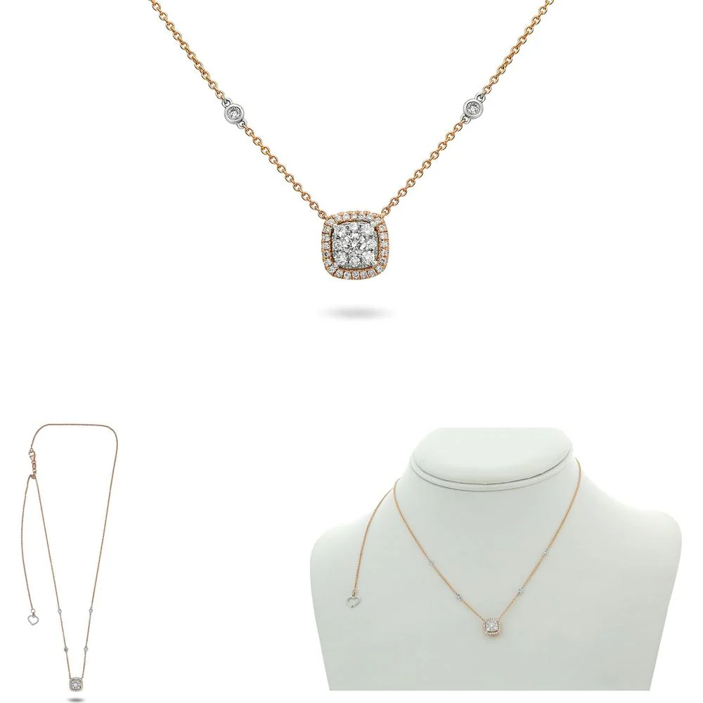 Roman & Jules - 14K Rose and White Gold Cushion Cut Diamond Halo Necklace - 0.41 Carat Total Diamond Weight