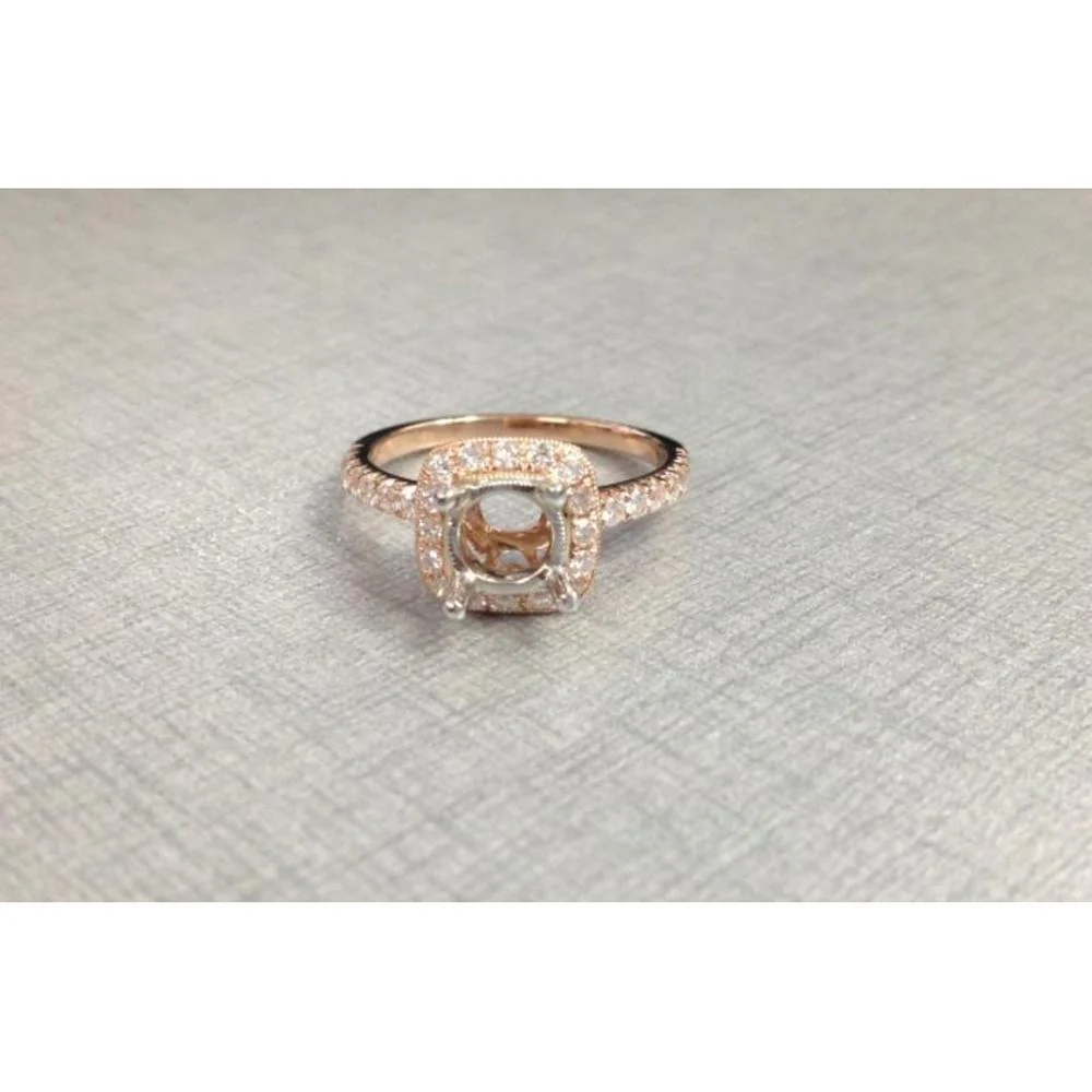 Roman & Jules - 14K Rose and White Gold Cushion Diamond Ring with Halo - 0.57 Carat Total Diamond Weight