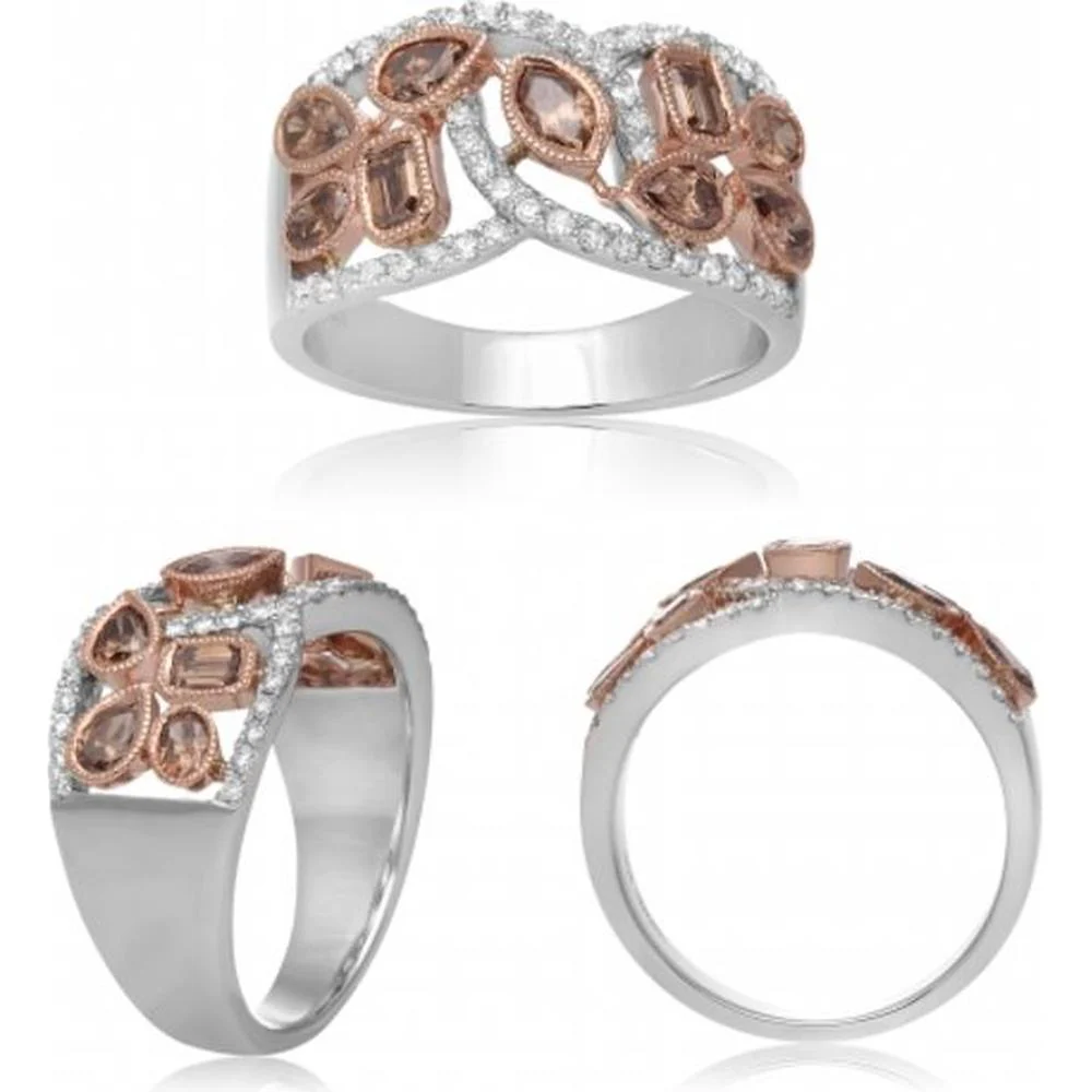 Roman & Jules - 14K Rose & White Gold Mixed Shape Champagne Diamond Ring with Round Diamond - 1.20 Carat Total Diamond Weight