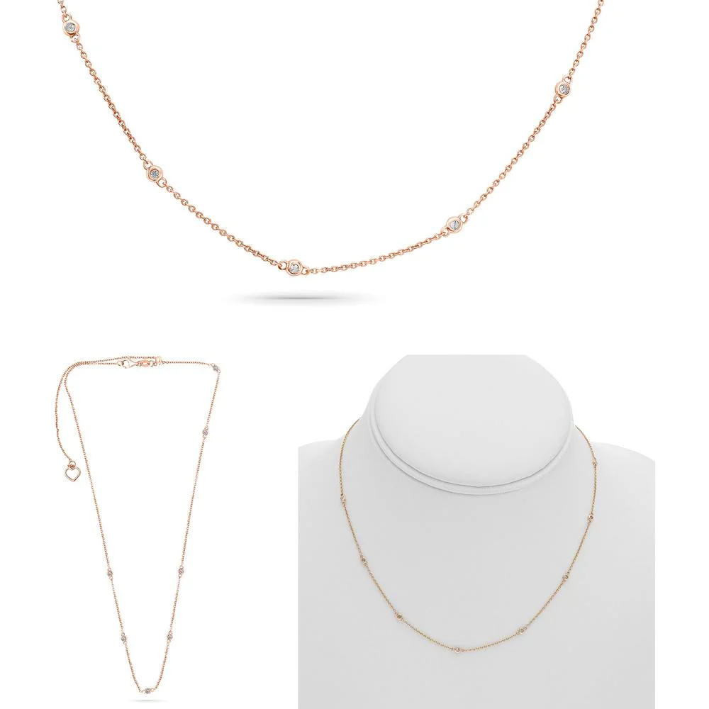 Roman & Jules - 14K Rose Gold 16" Necklace with Bezel Set Round Diamonds - 0.21 Carat Total Diamond Weight