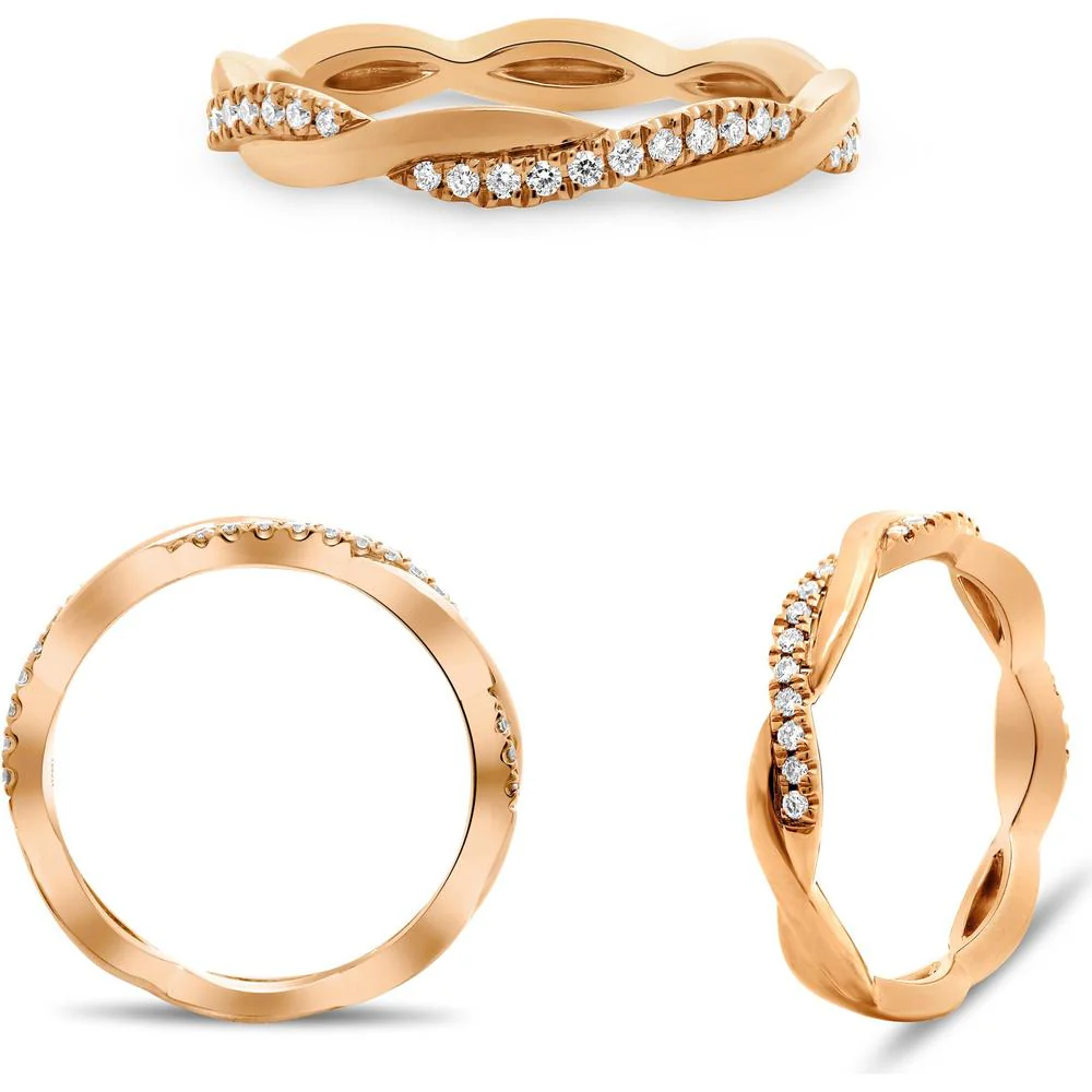 Roman & Jules - 14K Rose Gold Band Ring with Micropavé Set Round Diamonds - 0.11 Carat Total Diamond Weight