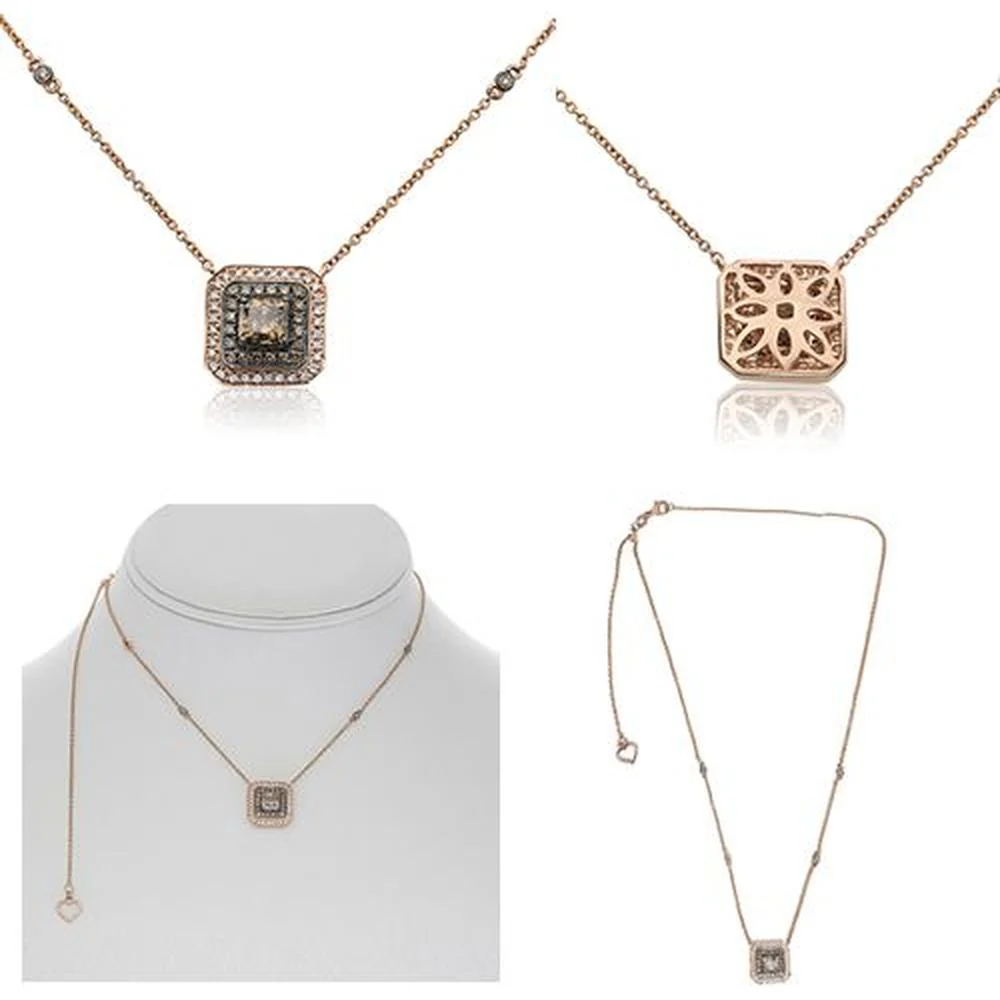 Roman & Jules - 14K Rose Gold Champagne Diamond Pendant Necklace with Round and Cushion Cut Diamonds - 0.32 Carat Total Diamond Weight