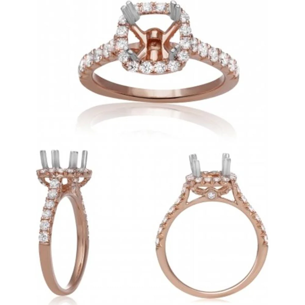 Roman & Jules - 14K Rose Gold Cushion Cut Diamond Halo Engagement Ring - 0.67 Carat Total Diamond Weight