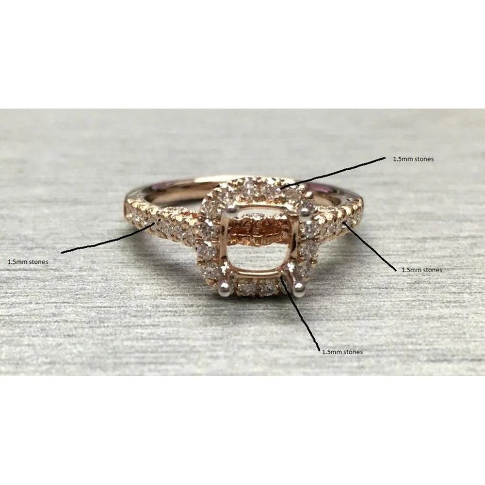 Roman & Jules - 14K Rose Gold Cushion Cut Diamond Halo Ring with 1.5mm Round Diamonds - 1.25 Carat Total Diamond Weight