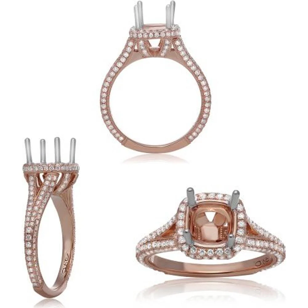 Roman & Jules - 14K Rose Gold Cushion Diamond Ring with Halo and Split Shank - 0.90 Carat Total Diamond Weight