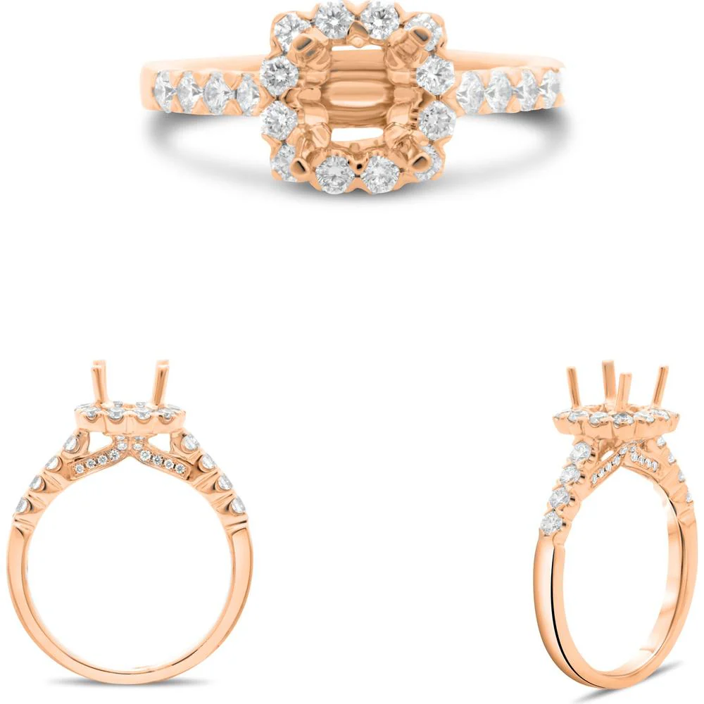 Roman & Jules - 14K Rose Gold Cushion Halo Diamond Ring with 0.64 Carat Round Diamond