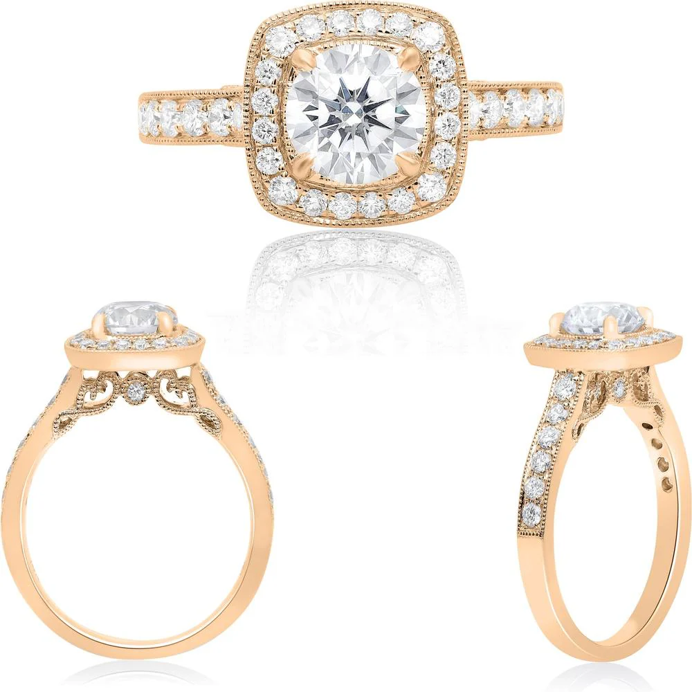 Roman & Jules - 14K Rose Gold Cushion Halo Diamond Ring with Round Brilliant Diamond - 0.49 Carat Total Diamond Weight