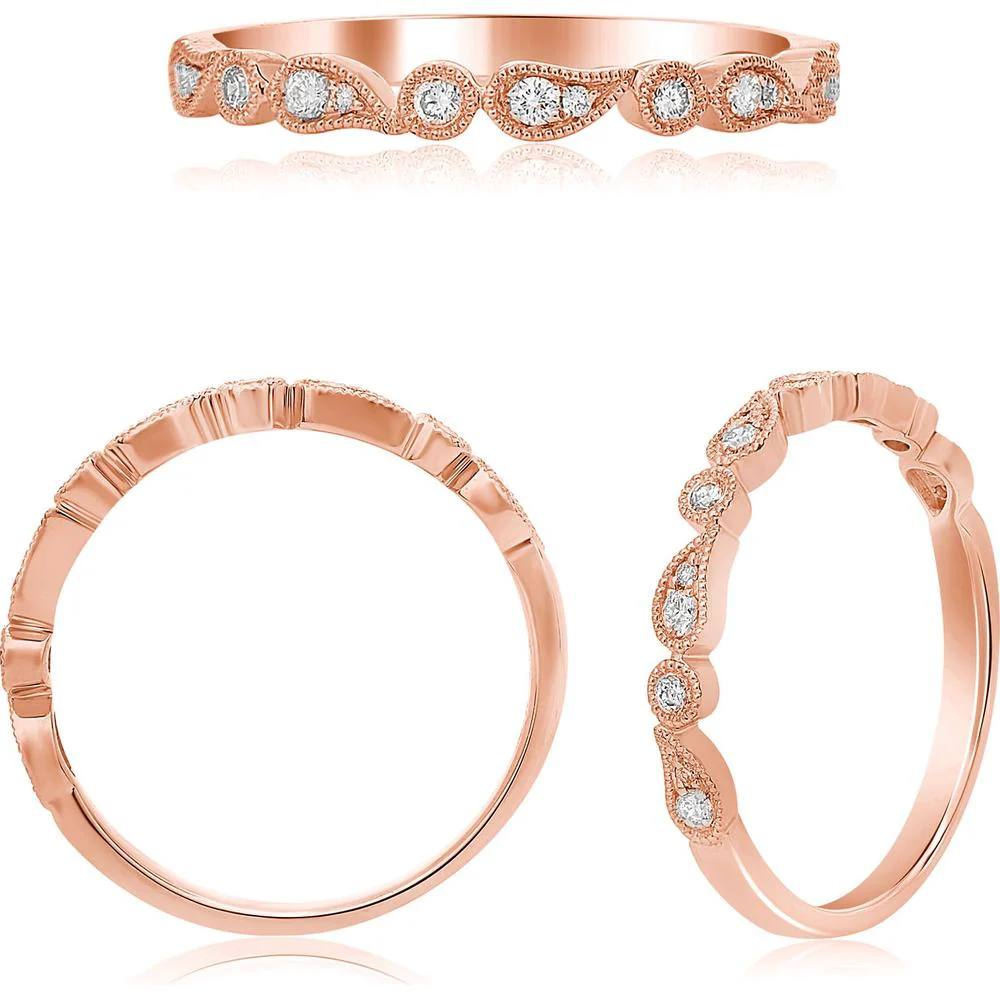 Roman & Jules - 14K Rose Gold Diamond Band Ring with Milgrain Detailing - 0.13 Carat Total Diamond Weight