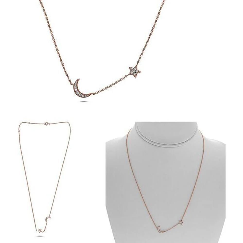 Roman & Jules - 14K Rose Gold Diamond Moon and Star Necklace with 0.15 Carat Total Diamond Weight