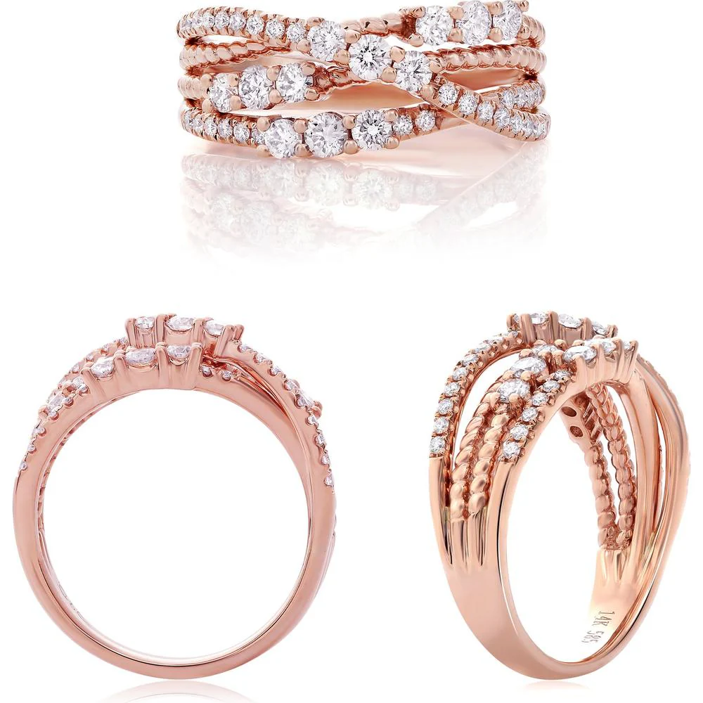 Roman & Jules - 14K Rose Gold Diamond Ring with Intertwined Bands and 0.69 Carat Total Round Diamonds