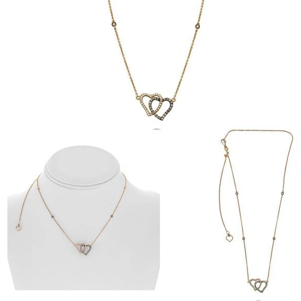 Roman & Jules - 14K Rose Gold Double Heart Diamond Necklace with Round and Champagne Diamonds - 0.44 Carat Total Diamond Weight