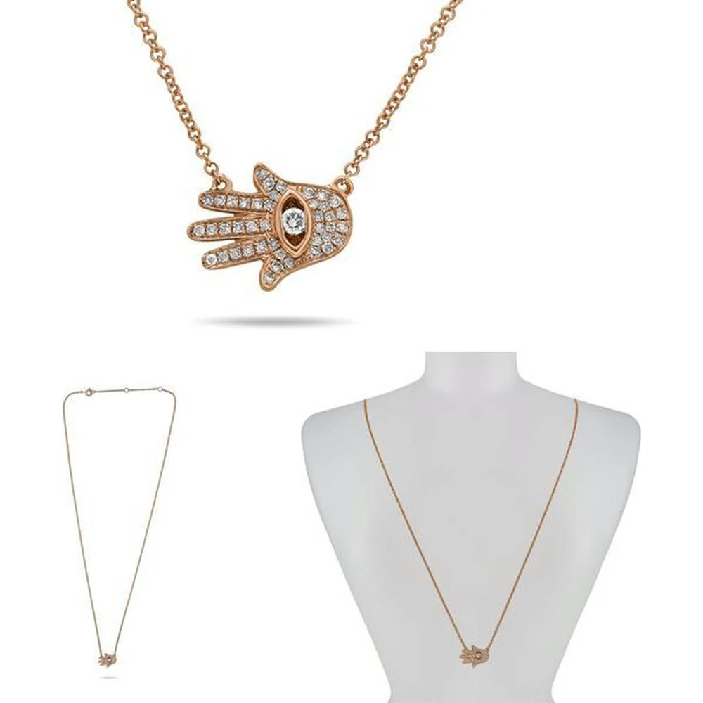 Roman & Jules - 14K Rose Gold Evil Eye Necklace with Round Diamonds - 0.15 Carat Total Diamond Weight