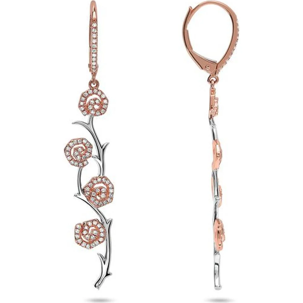 Roman & Jules - 14K Rose Gold Flower Drop Earrings with Round Diamonds - 0.38 Carat Total Diamond Weight