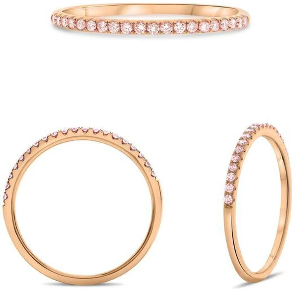 Roman & Jules - 14K Rose Gold Half-Way Band with Micropavé Round Pink Diamonds - 0.15 Carat Total Diamond Weight