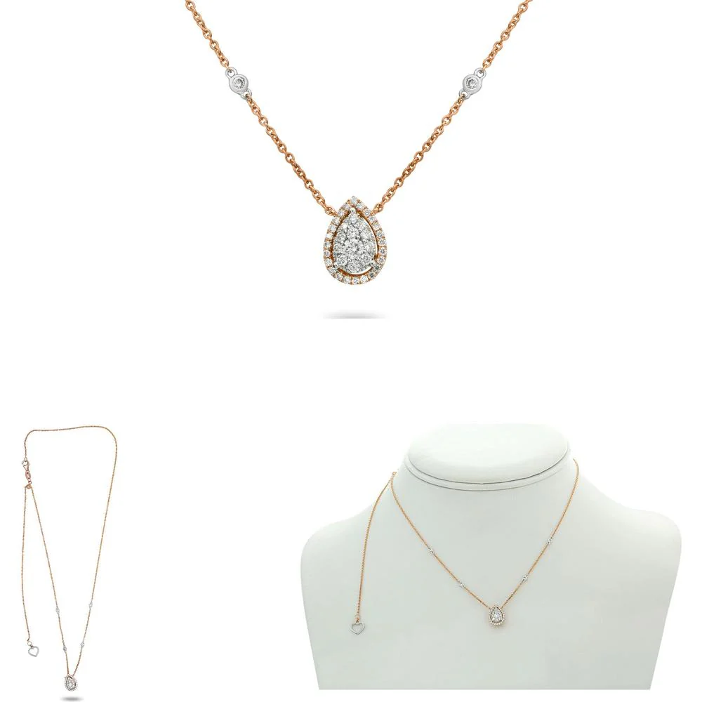 Roman & Jules - 14K Rose Gold Necklace with Pear Shape Cluster Diamond Pendant - 0.33 Carat Total Diamond Weight