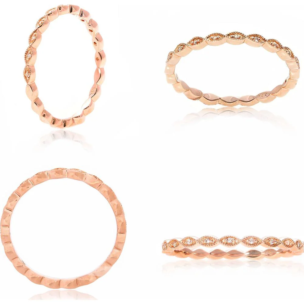Roman & Jules - 14K Rose Gold Pave Diamond Band Ring with Milgrain Detail - 0.03 Carat Total Diamond Weight