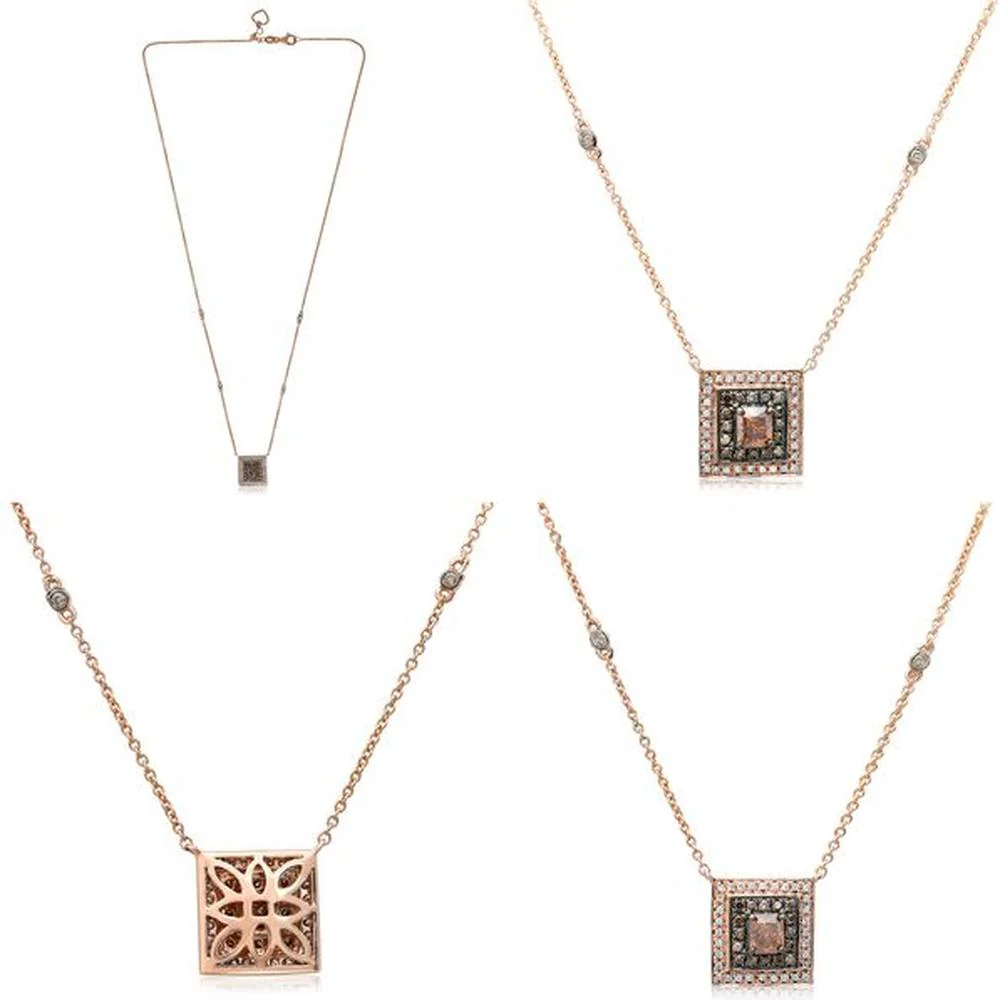 Roman & Jules - 14K Rose Gold Princess Cut Champagne Diamond Double Halo Necklace - 0.64 Carat Total Diamond Weight