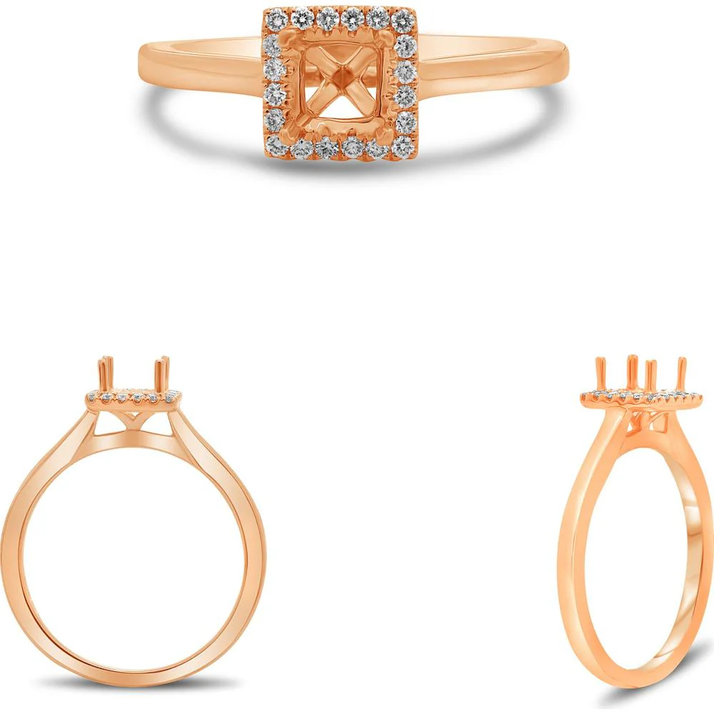 Roman & Jules - 14K Rose Gold Princess Cut Diamond Ring with Micropavé Halo - 0.12 Carat Total Diamond Weight