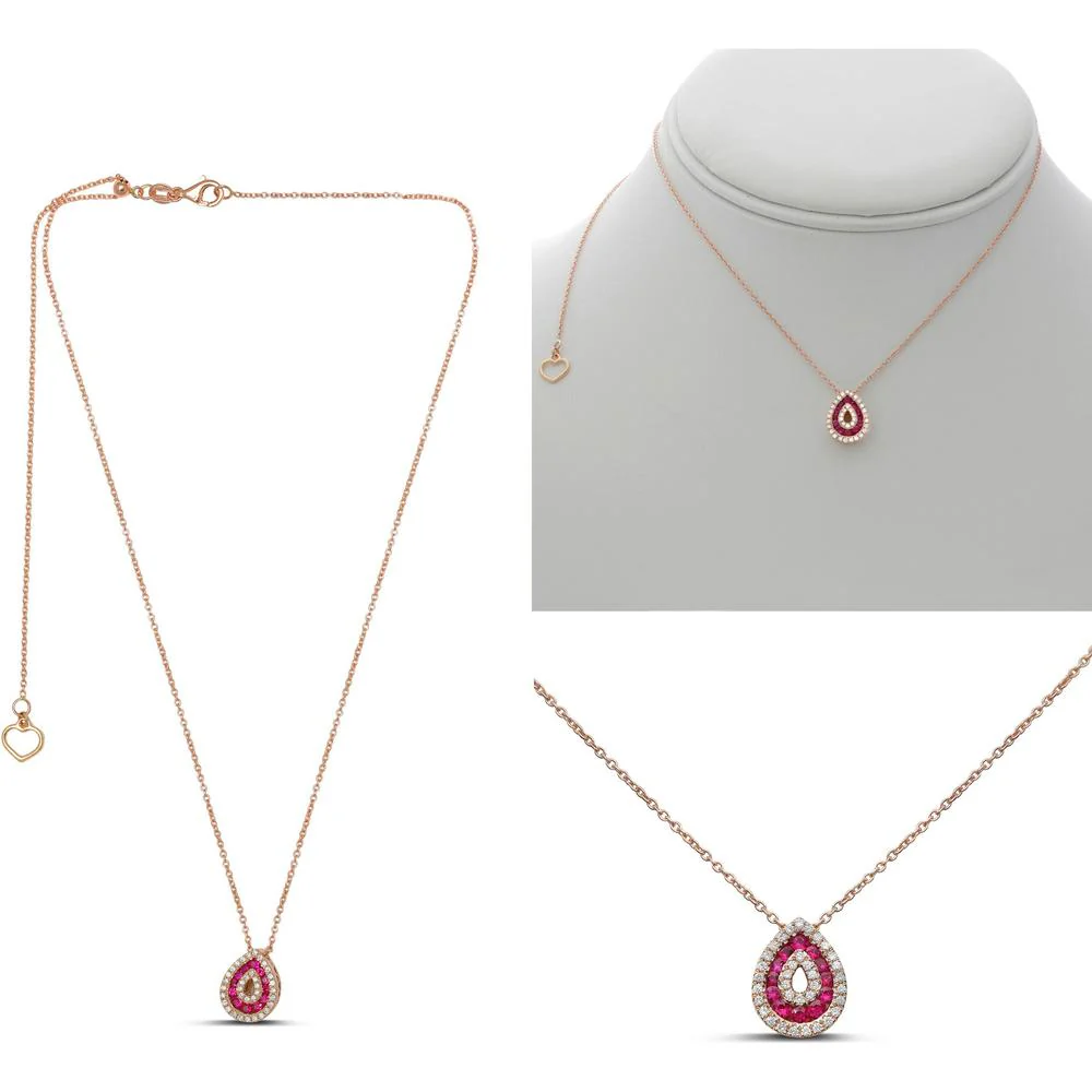 Roman & Jules - 14K Rose Gold Ruby & Diamond Open Pear Necklace with Halo - 0.40 Carat Total Diamond Weight