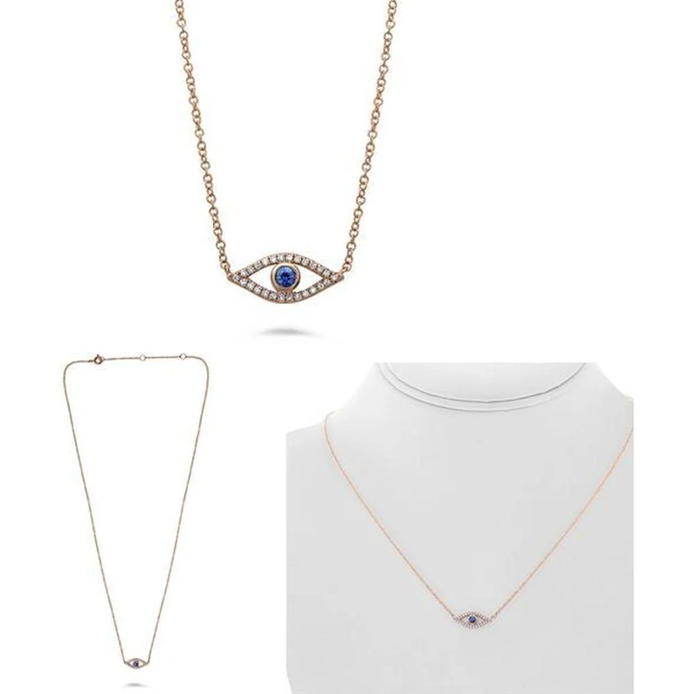 Roman & Jules - 14K Rose Gold Sapphire and Diamond Evil Eye Necklace - 0.08 Carat Diamond, 0.09 Carat Sapphire
