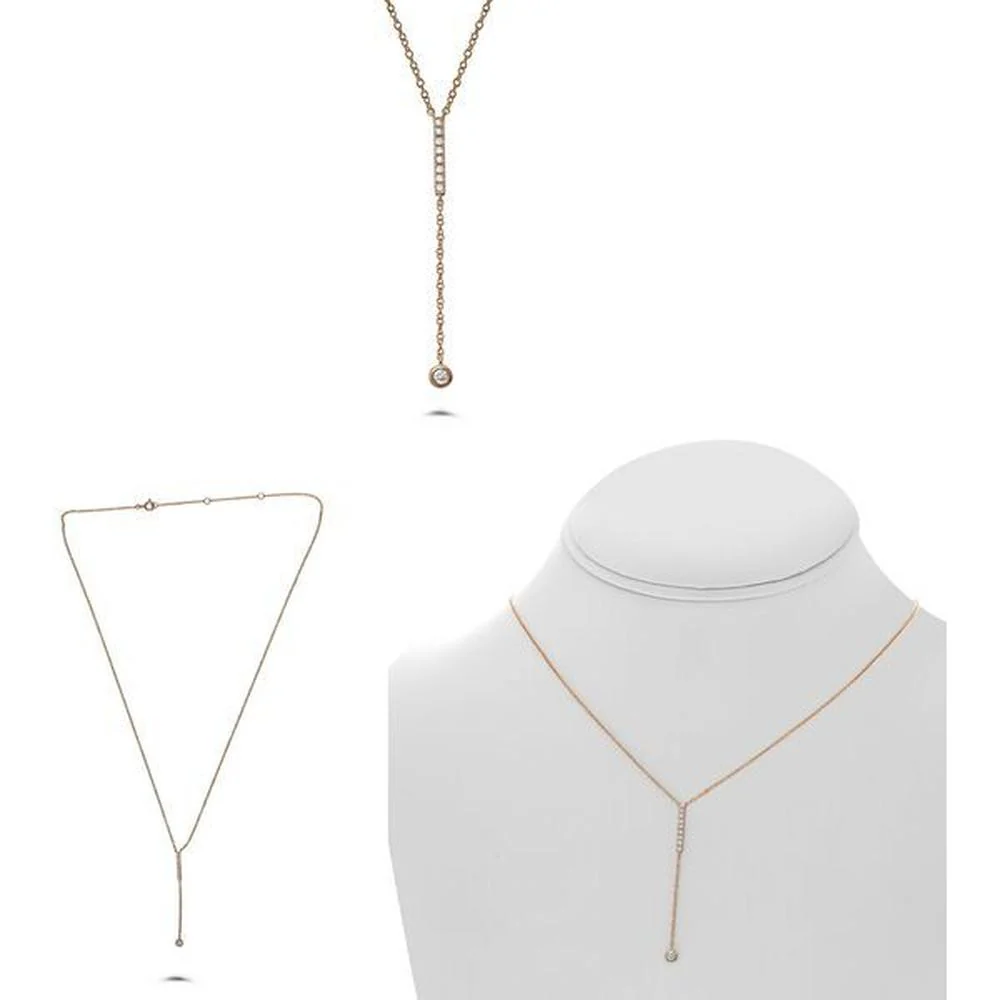 Roman & Jules - 14K Rose Gold Y-Shaped Diamond Necklace with Round Diamonds - 0.14 Carat Total Diamond Weight
