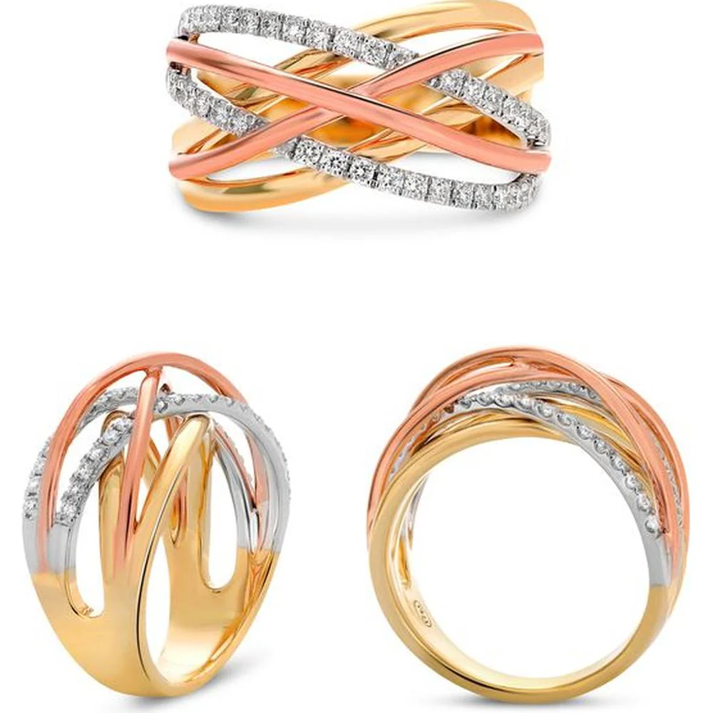 Roman & Jules - 14K Tri-Colored Overlapping Ring with Round Diamonds - 0.37 Carat Total Diamond Weight