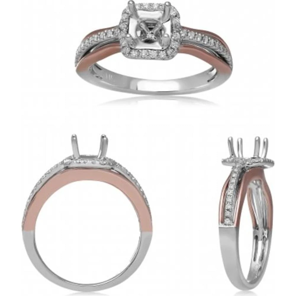 Roman & Jules - 14K White and Rose Gold Cushion Cut Halo Diamond Ring with Round Diamonds - 0.18 Carat Total Diamond Weight