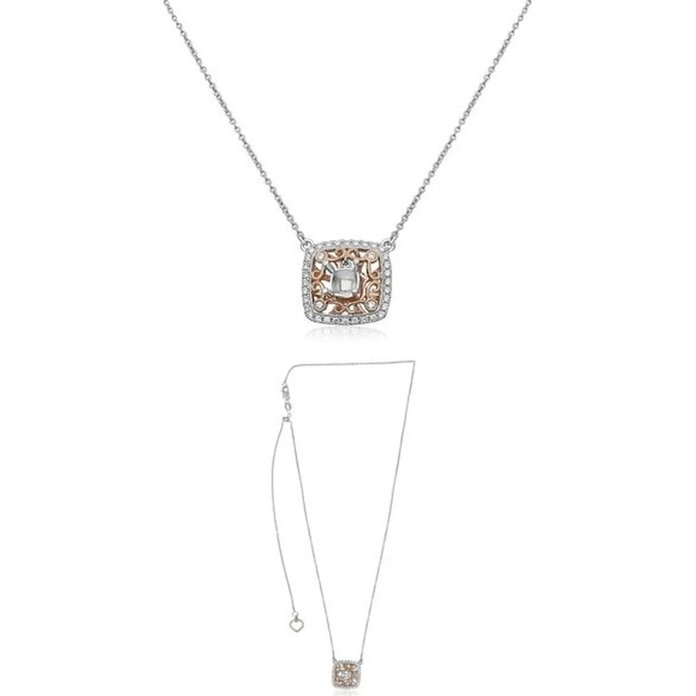 Roman & Jules - 14K White and Rose Gold Cushion Diamond Necklace with Diamond Halo - 0.28 Carat Total Diamond Weight