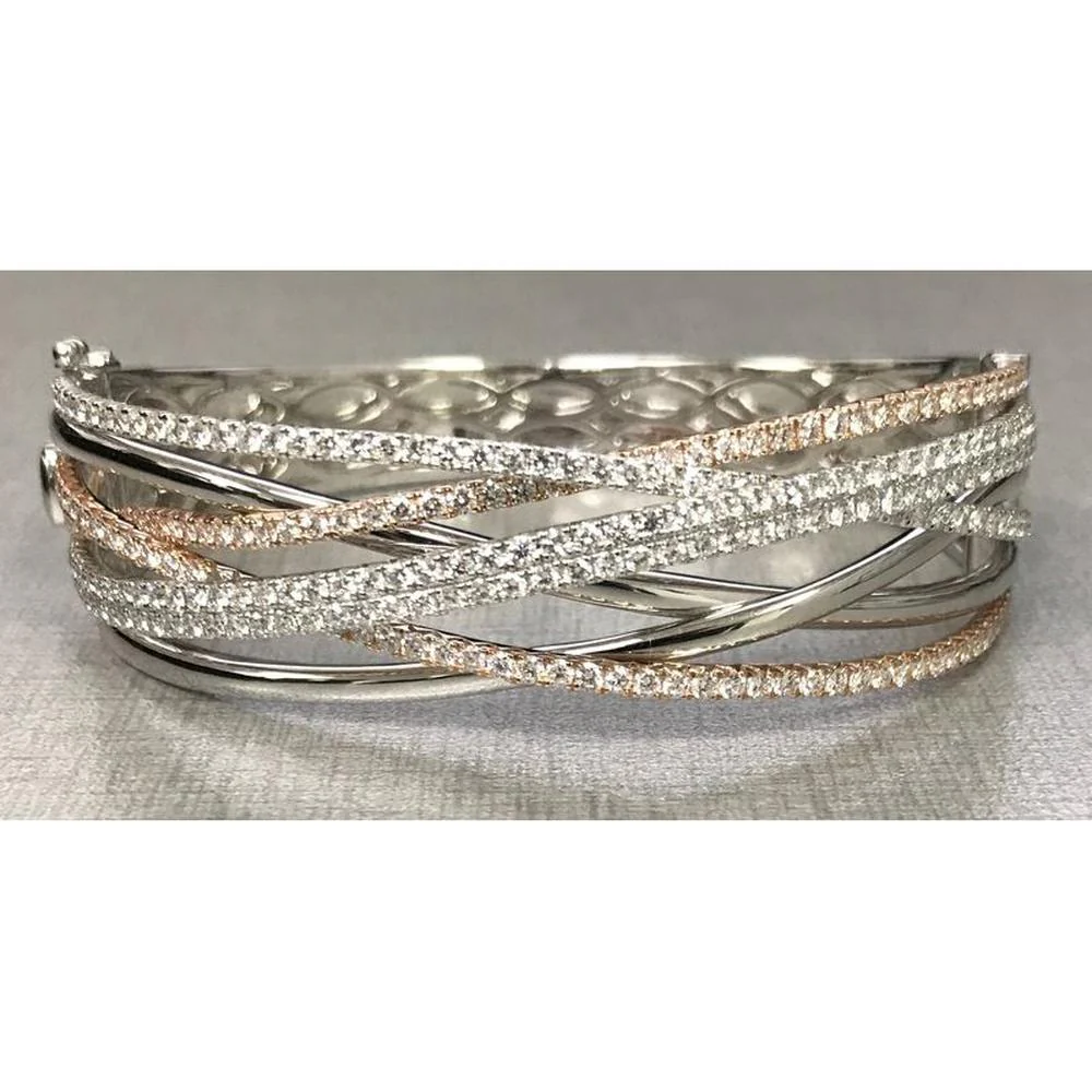 Roman & Jules - 14K White and Rose Gold Diamond Bangle with 3.72 Carat Total Round Diamond Weight