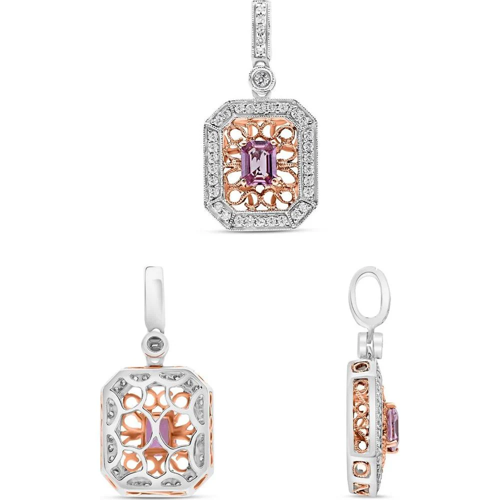 Roman & Jules - 14K White and Rose Gold Pink Sapphire Pendant with Round Diamond Halo - 0.51 Carat Total Sapphire Weight