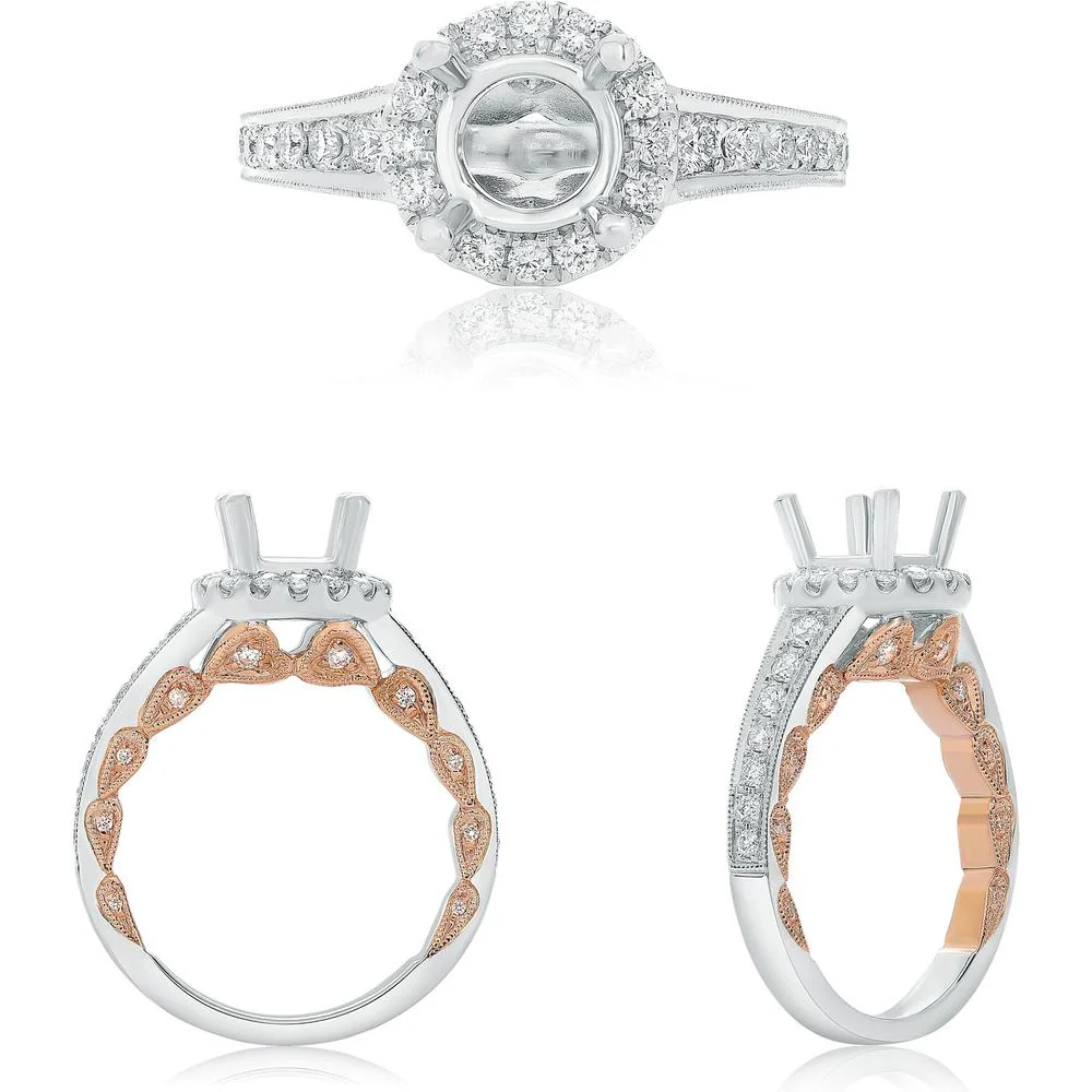 Roman & Jules - 14K White & Rose Gold Round Diamond Halo Ring - 0.59 Carat Total Diamond Weight
