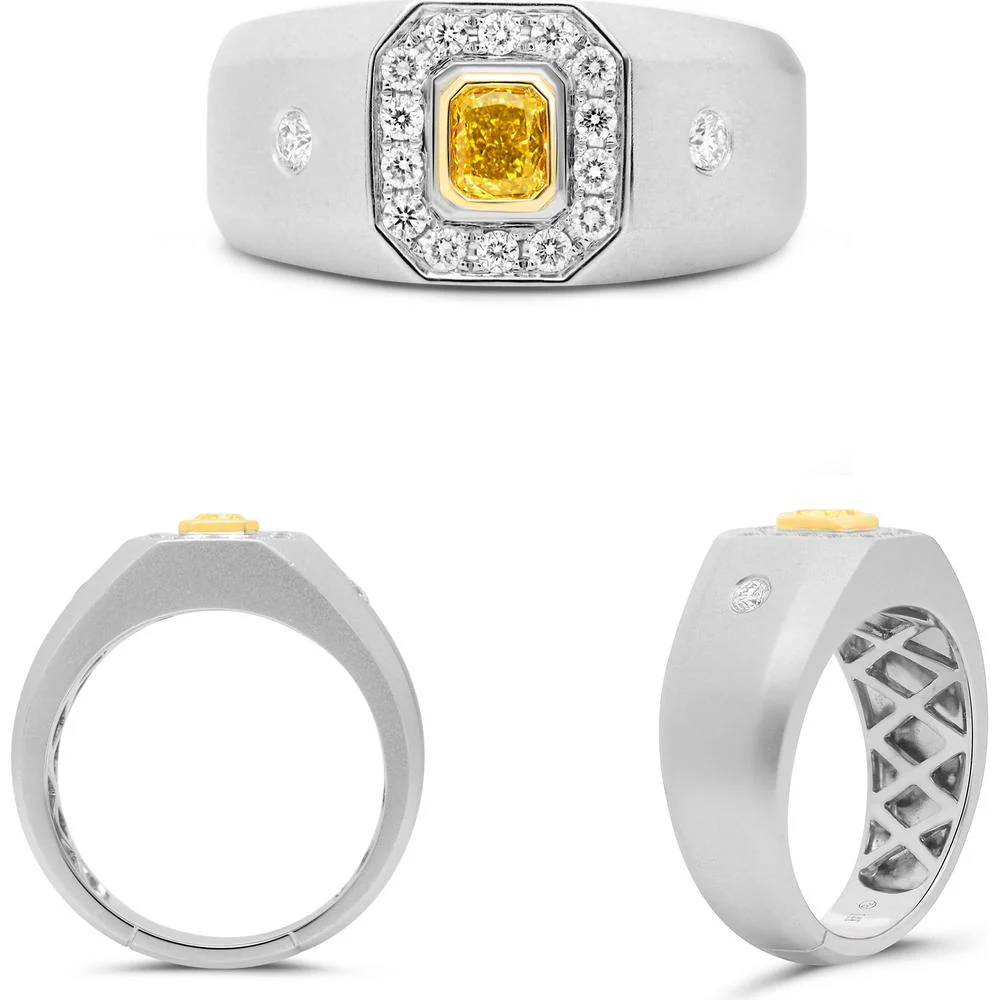 Roman & Jules - 14K White & Yellow Gold Cushion Fancy Yellow Diamond Halo Ring - 1.02 Carat Total Diamond Weight