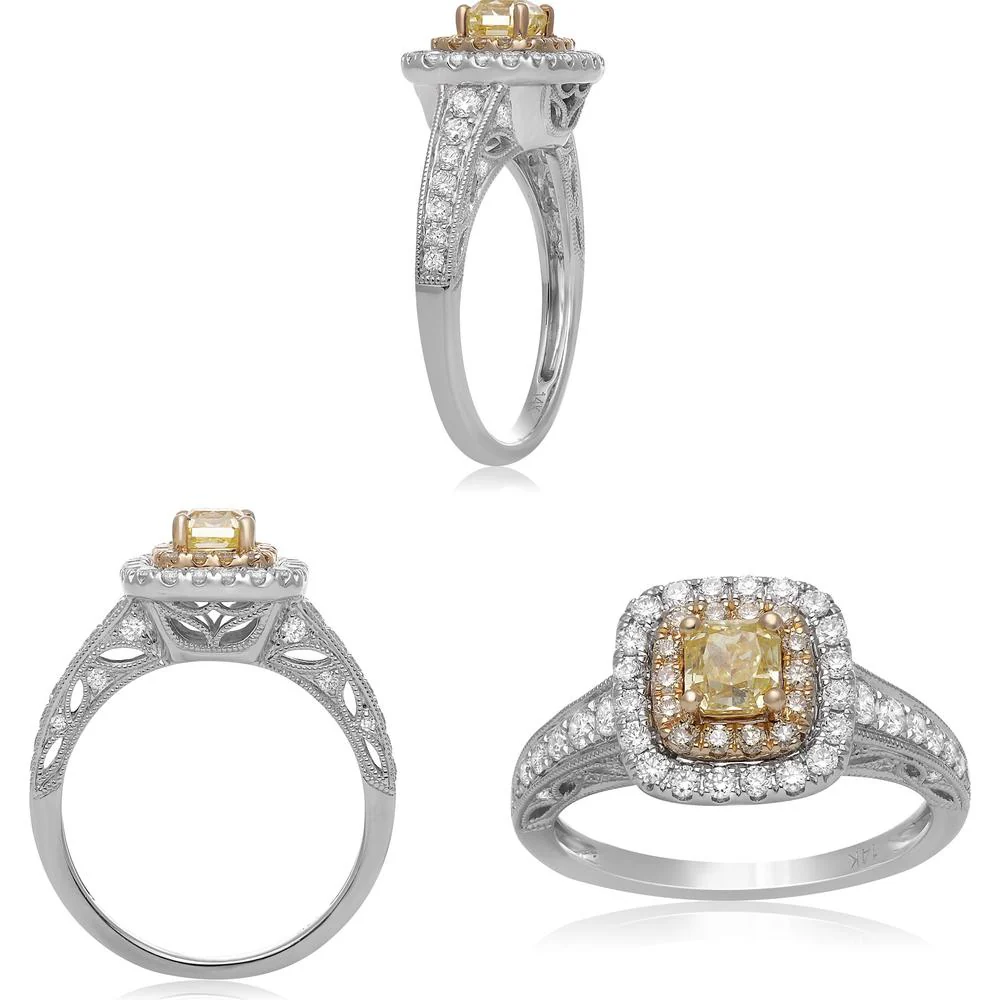 Roman & Jules - 14K White and Yellow Gold Cushion Fancy Yellow Diamond Halo Ring with Round White Diamonds - 0.69 Carat Total Diamond Weight