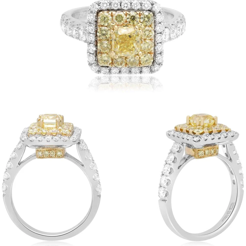 Roman & Jules - 14K White and Yellow Gold Cushion Fancy Yellow Diamond Ring with Round White Diamonds - 1.35 Carat Total Diamond Weight