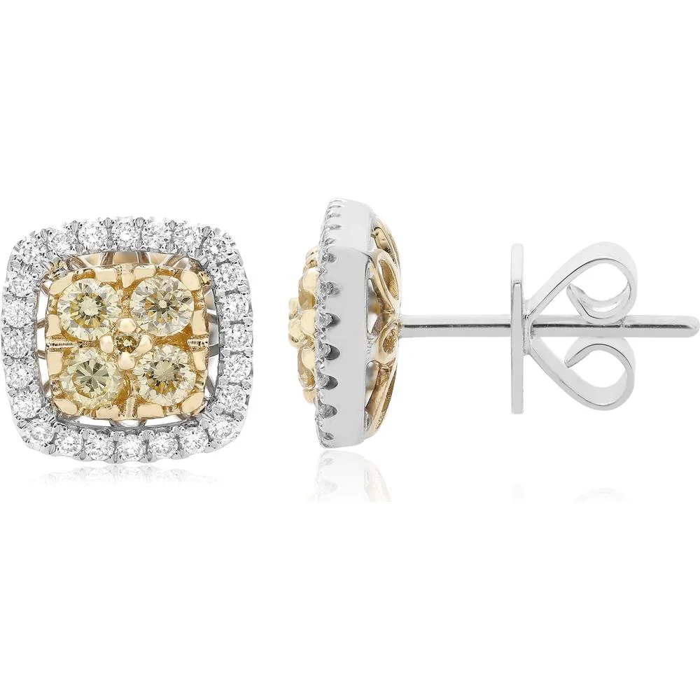 Roman & Jules - 14K White and Yellow Gold Diamond Cluster Stud Earrings with Fancy Yellow and White Diamonds - 0.65 Carat Total Diamond Weight