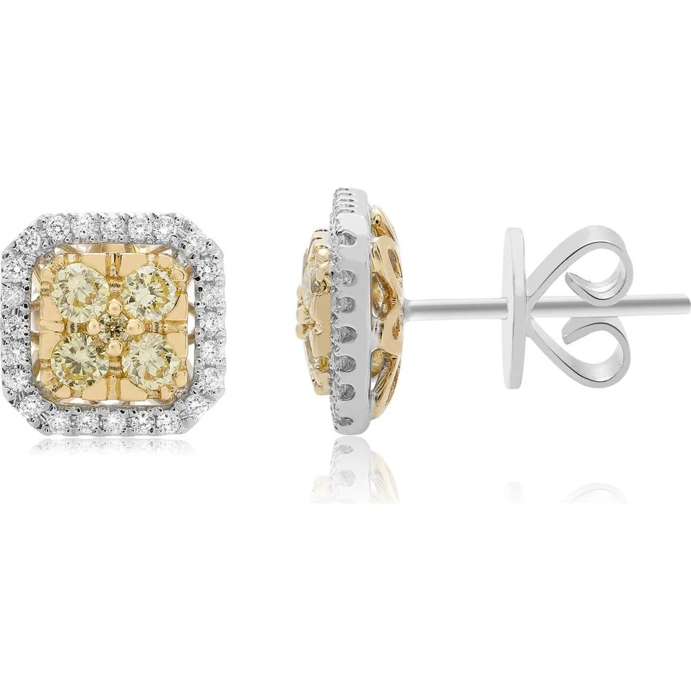 Roman & Jules - 14K White and Yellow Gold Diamond Cluster Stud Earrings with Round Fancy Yellow and White Diamonds - 0.64 Carat Total Diamond Weight