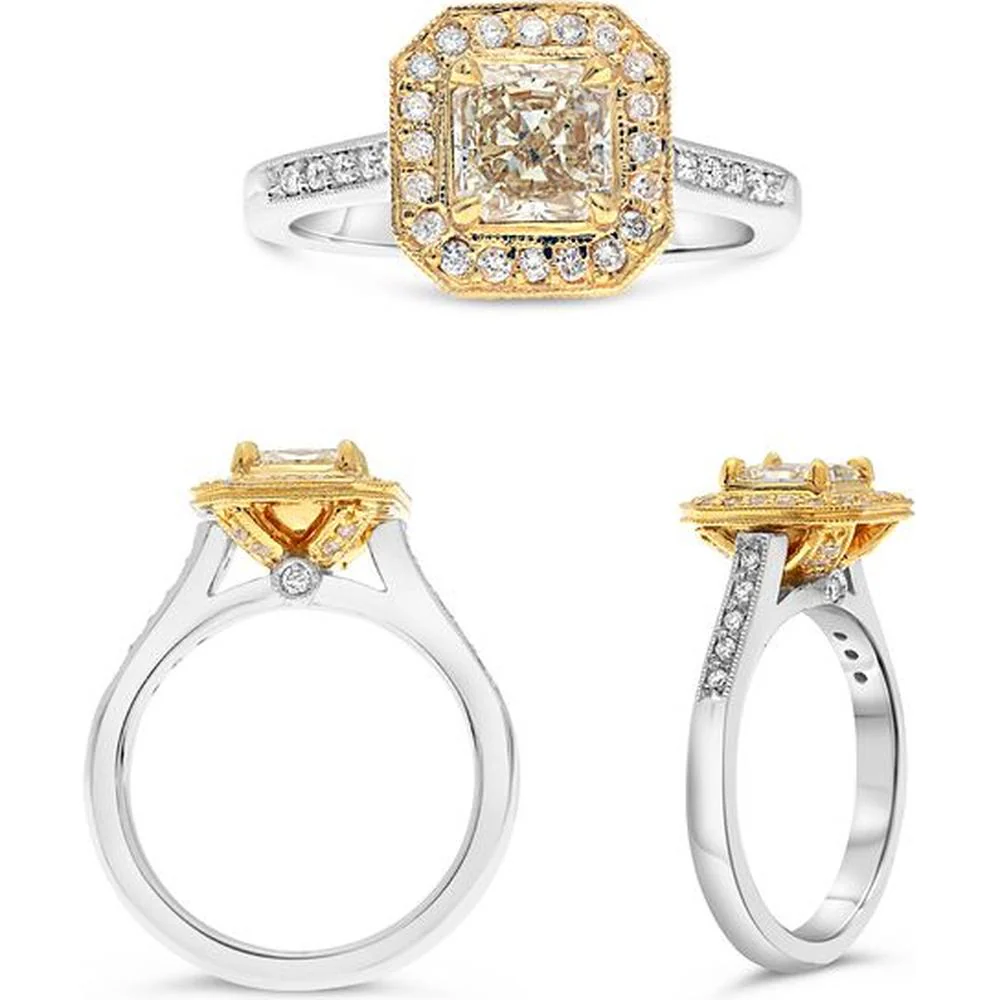 Roman & Jules - 14K White and Yellow Gold Fancy Yellow Diamond Halo Ring - 1.15 Carat Total Diamond Weight