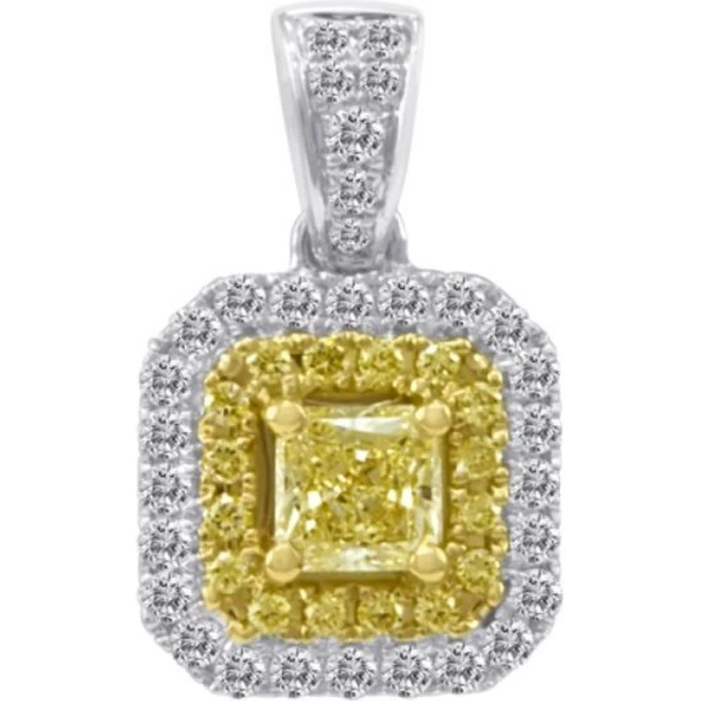 Roman & Jules - 14K White and Yellow Gold Fancy Yellow Radiant Cut Diamond Pendant with Round White Diamonds - 0.34 Carat Total Diamond Weight
